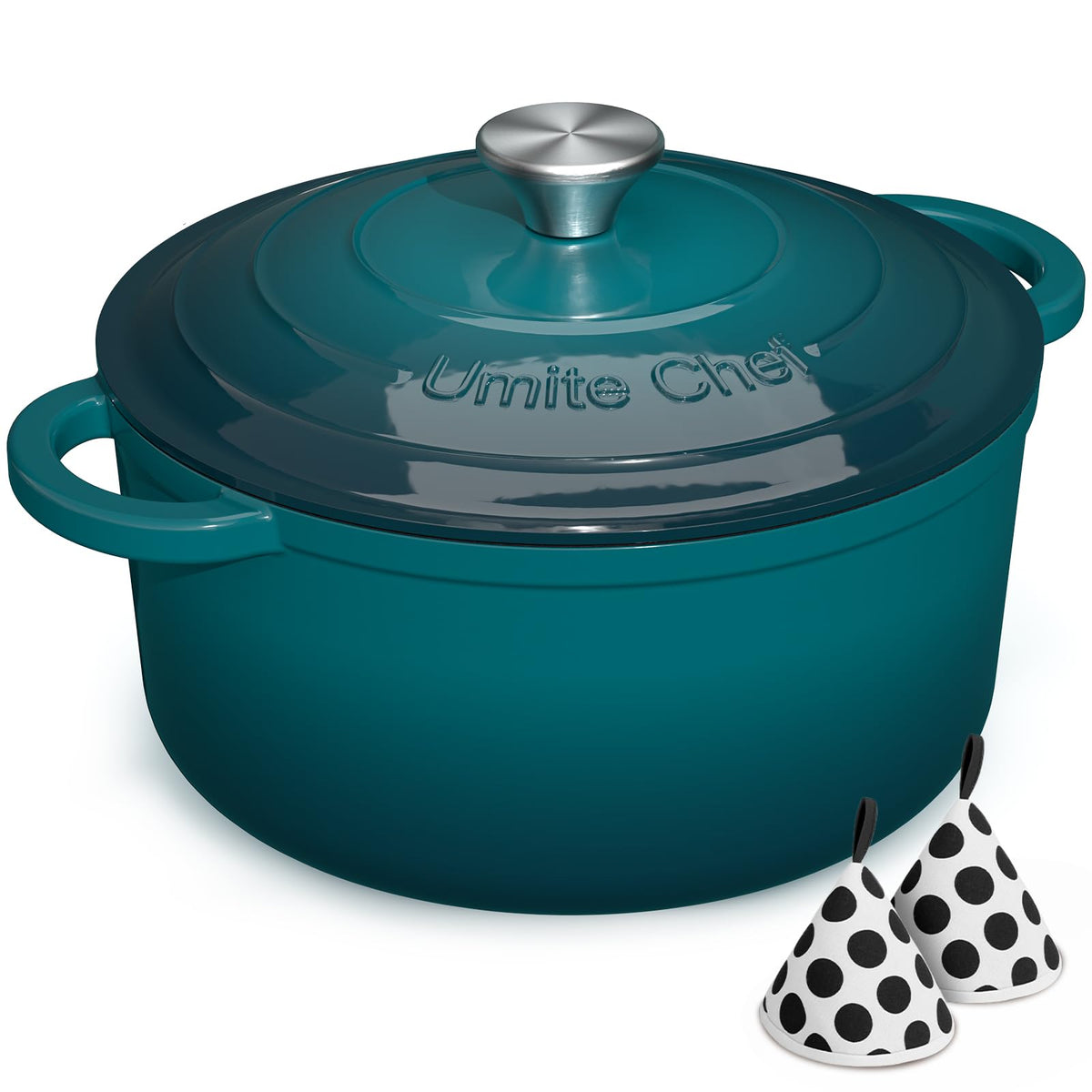 Enameled Cast Iron Dutch Oven - Umite Chef 5QT Pot with Lid & Cotton Potholders - Heavy-Duty Cookware for Bread Baking, Braising, Stews, Roasting(Cream White)