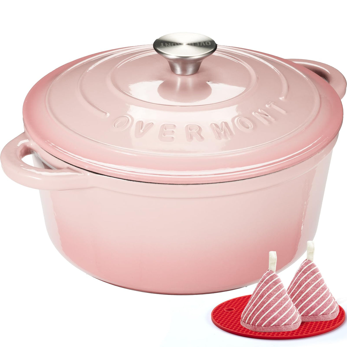 Overmont Enameled Cast Iron Dutch Oven - 5.5QT Pot with Lid Cookbook & Cotton Potholders - Heavy-Duty Cookware for Braising, Stews, Roasting, Sourdough Baking White