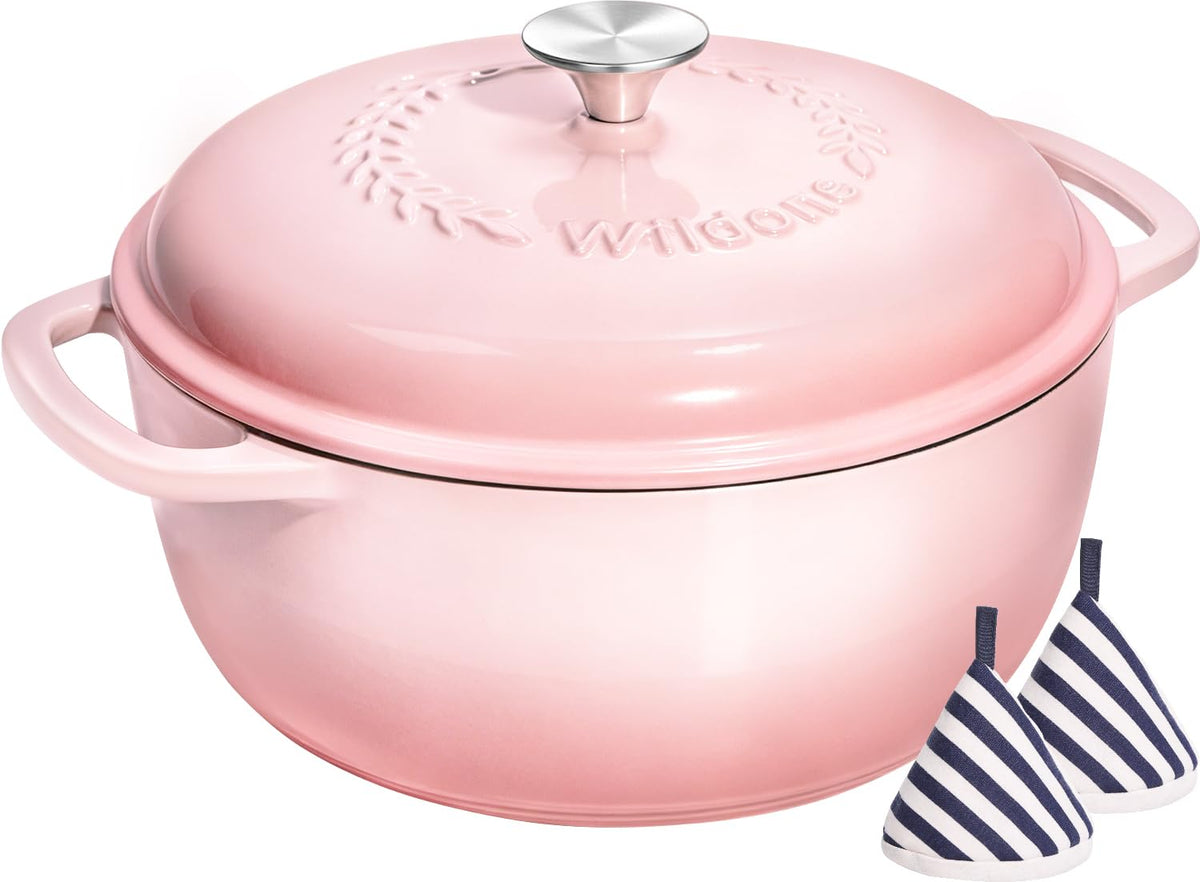 Enameled Cast Iron Dutch Oven - Wildone 6QT Pot with Lid & Cotton Potholders - Oven Safe Enamel Cookware for Bread Baking, Braising, Stews, Roasting, Red