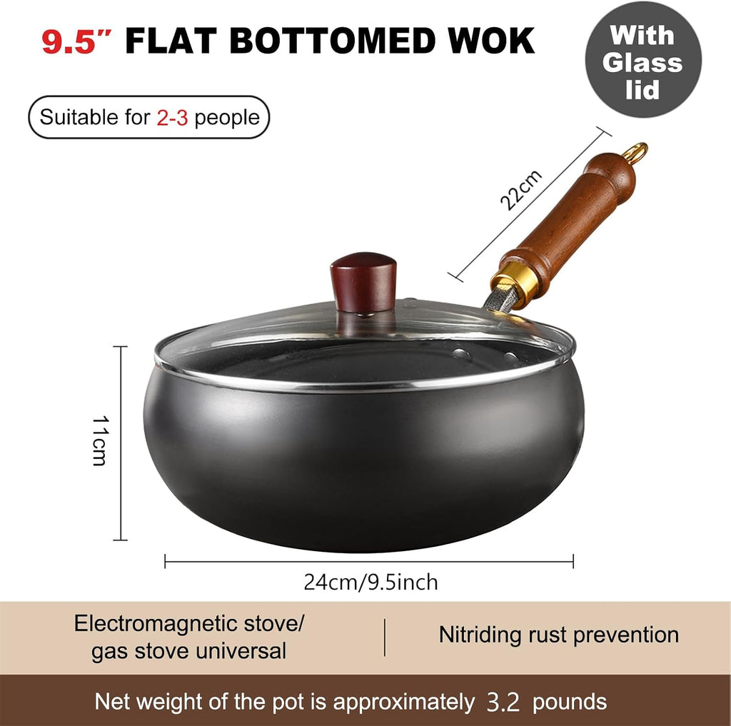 Carbon Steel Wok Pan, 9.4 INCH Nonstick Pre-Seasoned Woks & Stir-Fry Pans with Lid, No Chemical Coating Wok Flat Bottom Small Handmade Chinese Wok for Induction, Gas, Electric & All Stoves