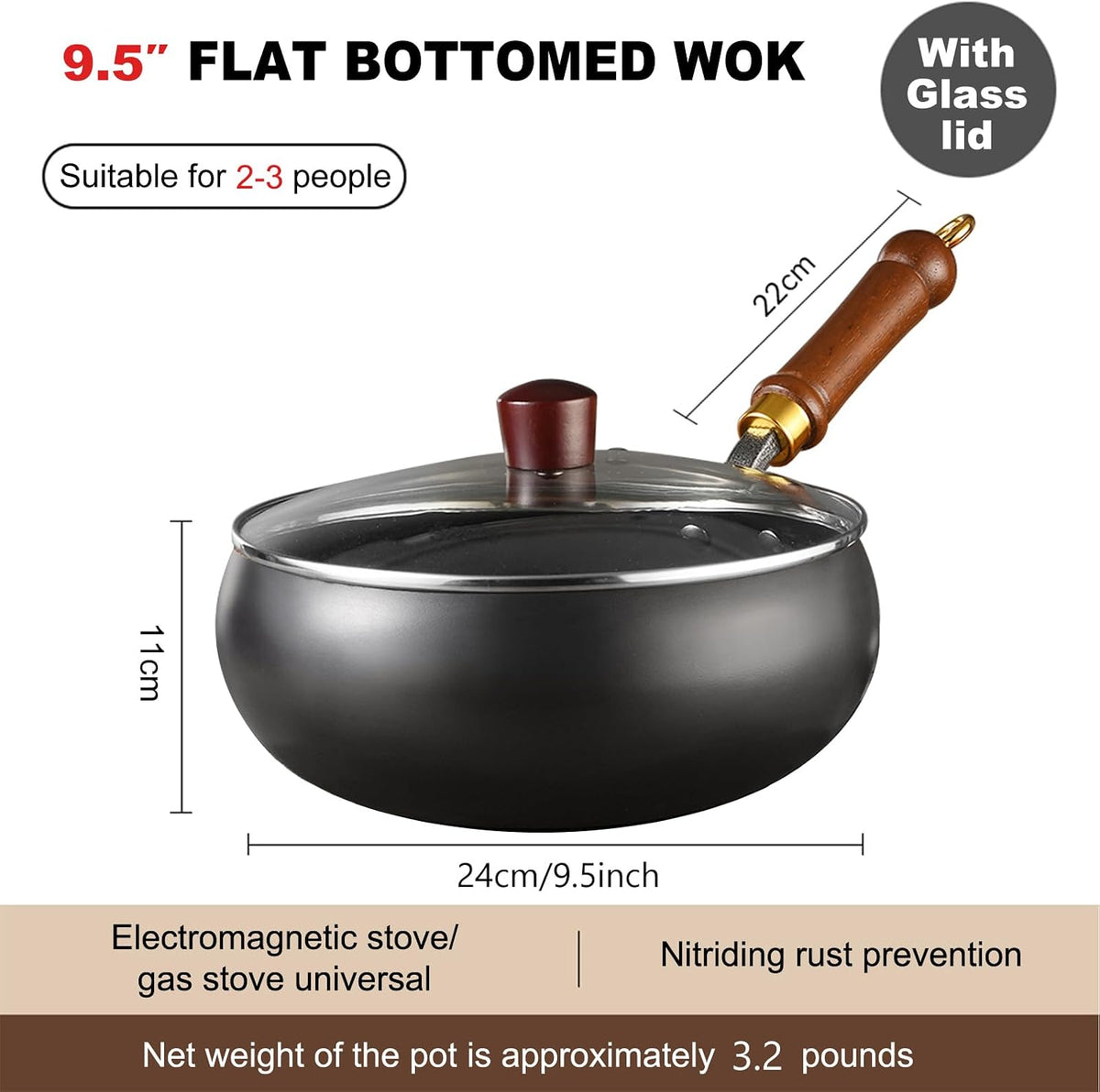 Carbon Steel Wok Pan, 9.4 INCH Nonstick Pre-Seasoned Woks & Stir-Fry Pans with Lid, No Chemical Coating Wok Flat Bottom Small Handmade Chinese Wok for Induction, Gas, Electric & All Stoves