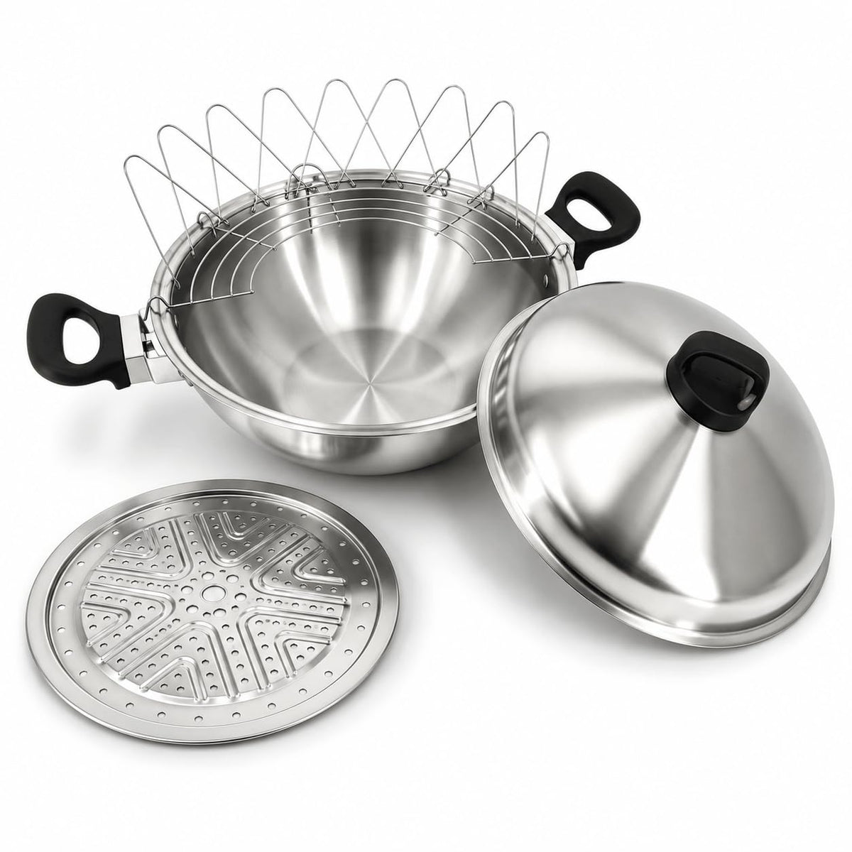 DELARLO Tri-Ply Stainless Steel Wok Pan with Steel Lid 16inch, Healthy Non-Toxic Flat Bottom Induction Wok, Stir Fry Pan for Glass Top Stove Up to 600℉