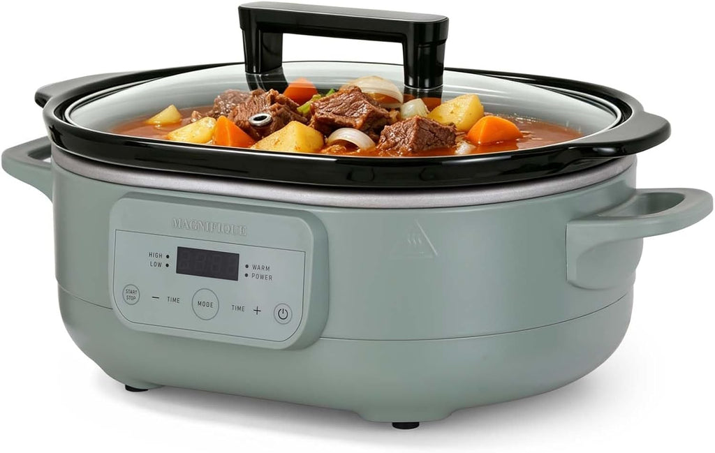 MAGNIFIQUE 6 Quart Programmable Slow Cooker Removable Healthy Nonstick Pot - Small Kitchen Appliance for Family Dinners - Serves 6+ People - Heat Settings: Keep Warm Olive