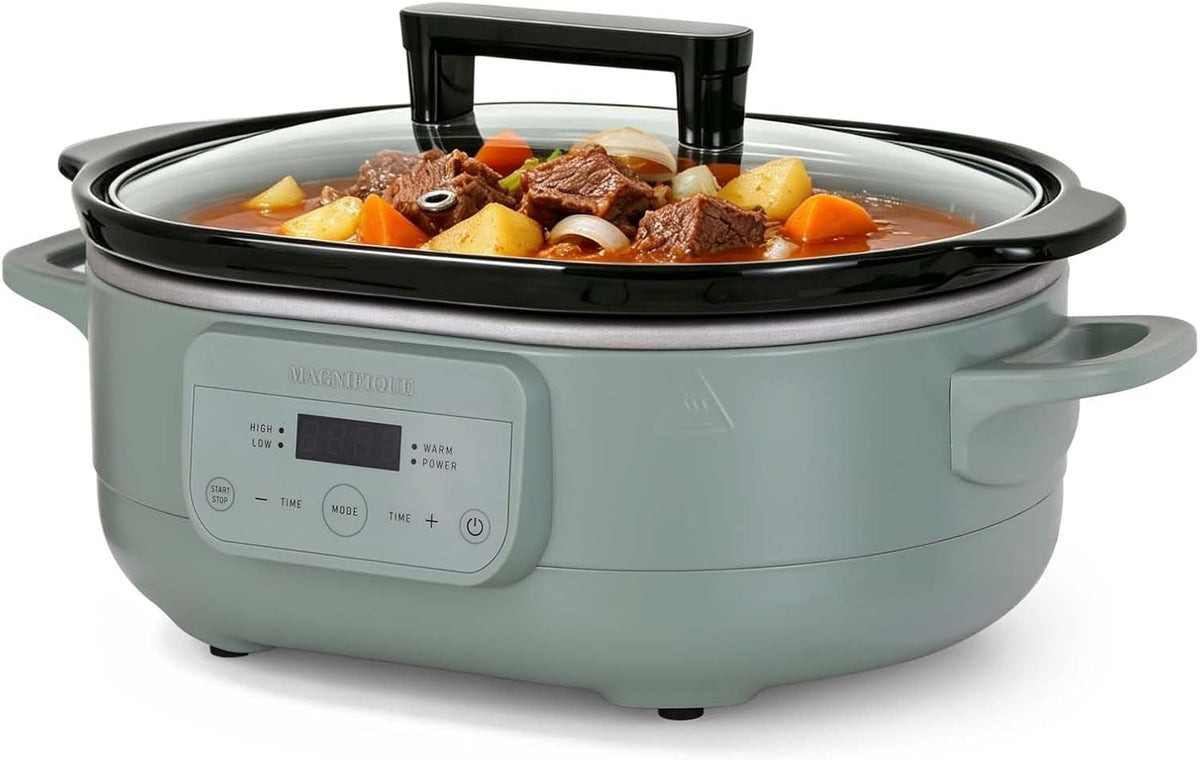 MAGNIFIQUE 6 Quart Programmable Slow Cooker Removable Healthy Nonstick Pot - Small Kitchen Appliance for Family Dinners - Serves 6+ People - Heat Settings: Keep Warm Olive