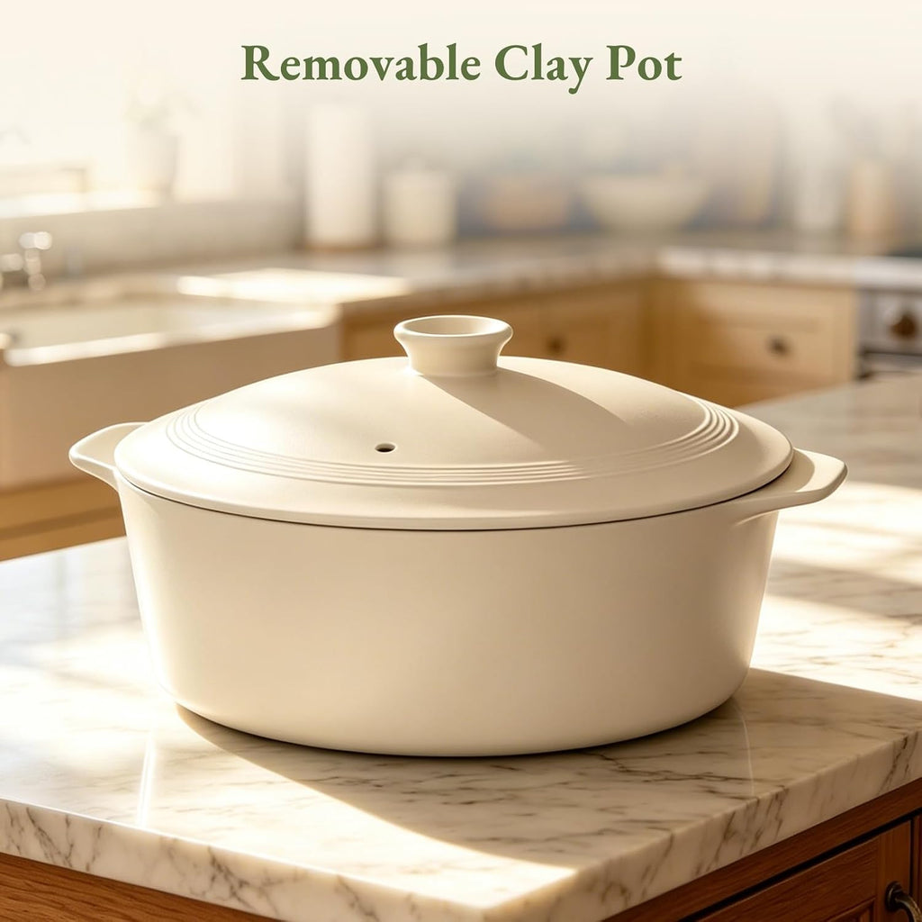 MAGNIFIQUE Slow Cooker, 4.5 Quart 8-in-1 Clay Pot Multi-Cooker, Non-Toxic Slow Cooker for Rice, Pasta, Steam & Proof, Nonstick, Oven Safe Pot to 500°F, Oatmeal