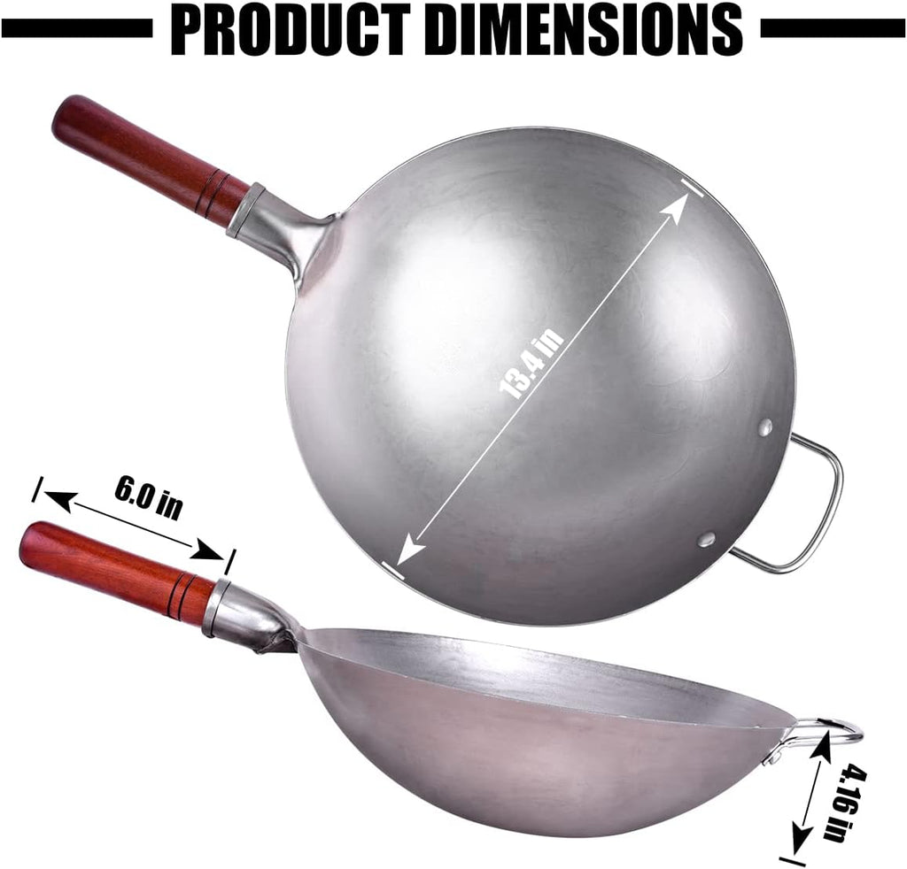 Teewe 13.4" Carbon Steel Wok Traditional Hand Hammered Round Bottom Wok
