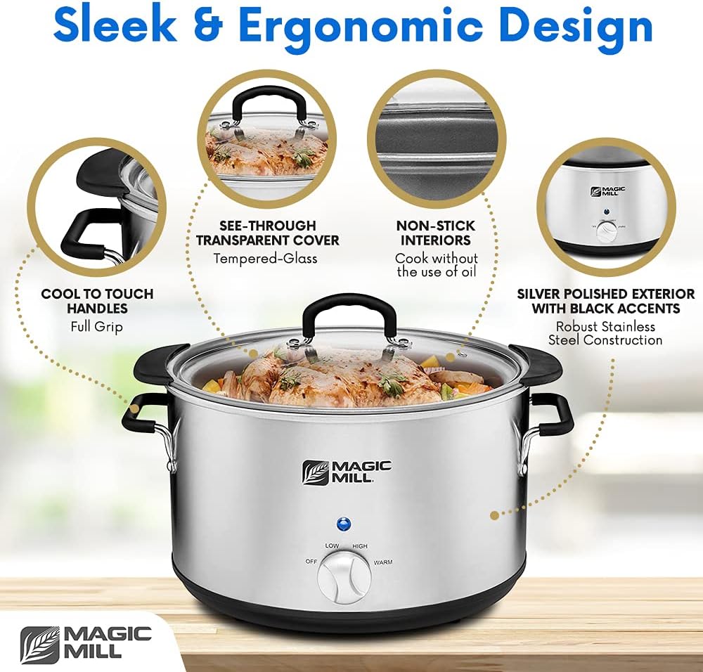 Magic Mill Extra Large 10 Quart Slow Cooker With Metal Searing Pot & Transparent Tempered Glass Lid