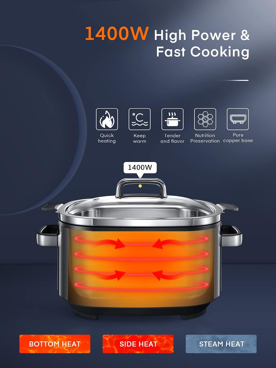 HOUSNAT Slow Cooker 6 Quart 10-in-1 Programmable Stainless Steel Pot