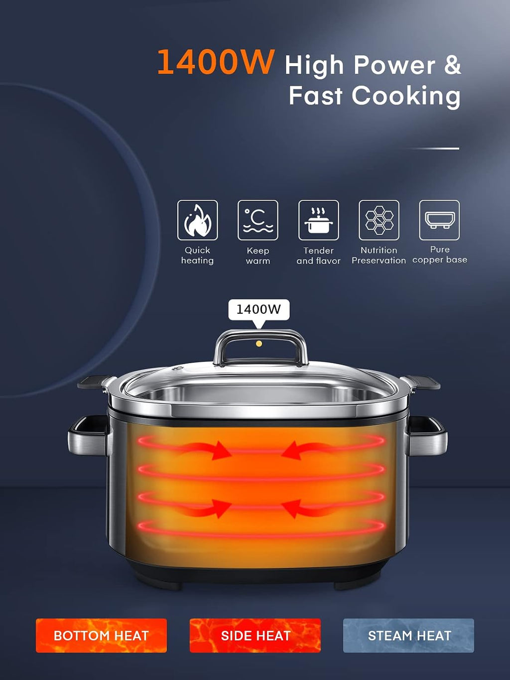 HOUSNAT Slow Cooker 6 Quart 10-in-1 Programmable Stainless Steel Pot