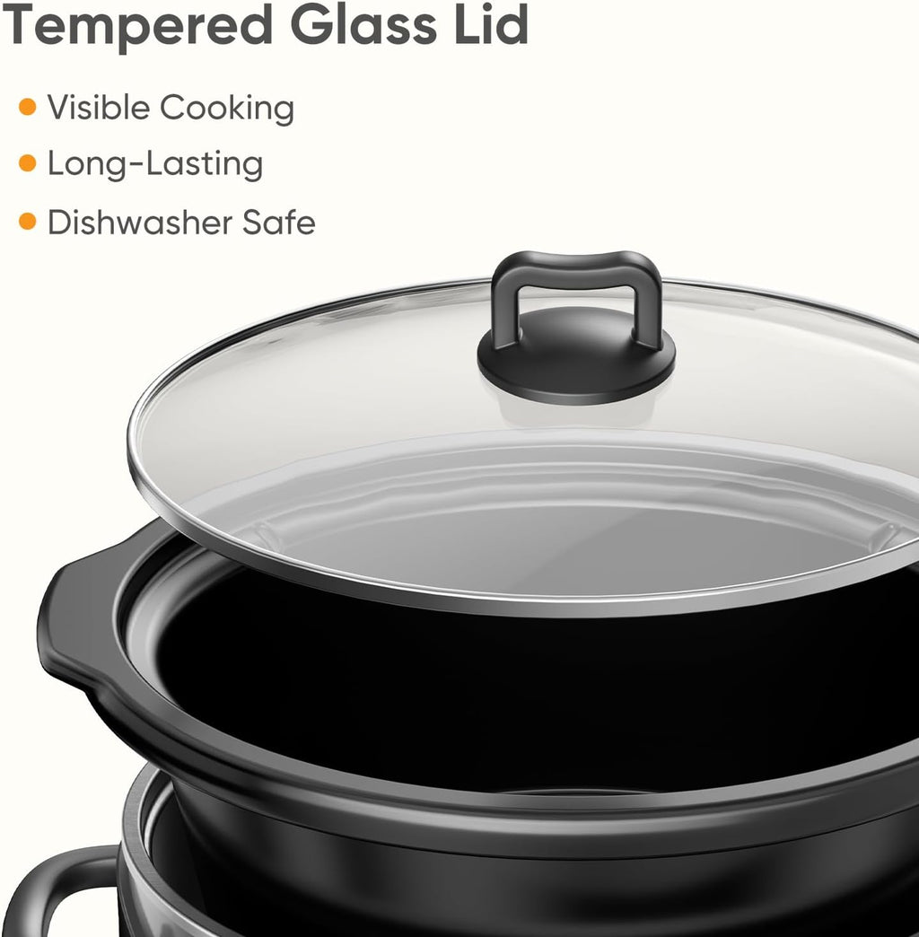 NEWBULIG Slow Cooker 6 Quart, Large Slow Cooker, Ceramic Nonstick Coating, 3 Adjustable Temp Multi Cookers with Dishwasher Safe Stoneware Pot & Tempered Glass Lid, 35in Tangle Free Cord Wrap, Black