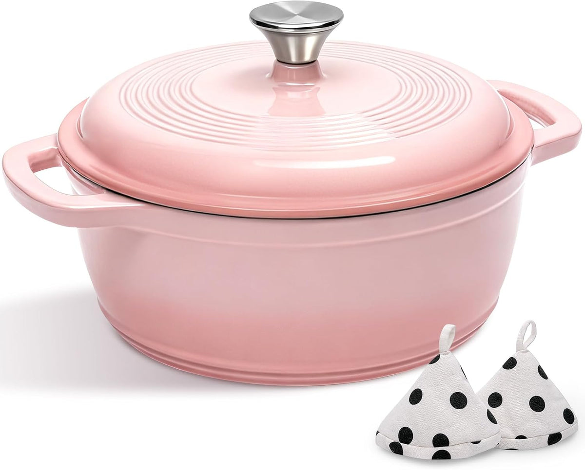 Enameled Cast Iron Dutch Oven Pot With Lid - AIVIKI 5QT Dutch Oven for Bread Baking With Cotton Potholders - Heavy-Duty Cookware for Braising, Stew, Roasting, Oven Safe up to 500°F, Cream White