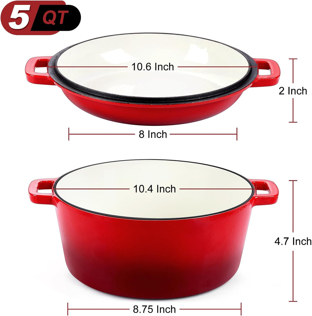 P&P CHEF 2 In 1 Red Dutch Oven Pot with Lid for Bread Baking, 5Qt