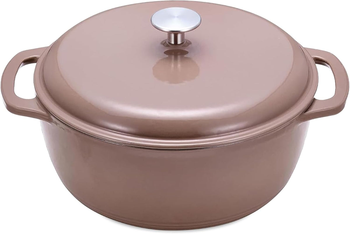 Amazon Basics Enameled Cast Iron Dutch Oven Pot With Lid, 4.3-Quart, Round, Dual Handles, Heavy-Duty, Oven Safe for Stews, Roasting & Baking, Linen Gray