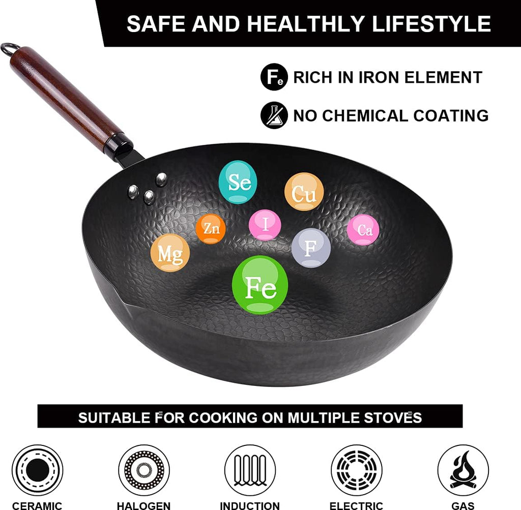 Leidawn 12.8" Carbon Steel Wok,11 Pcs Woks & Stir Fry Pans Wok Pan with Lid