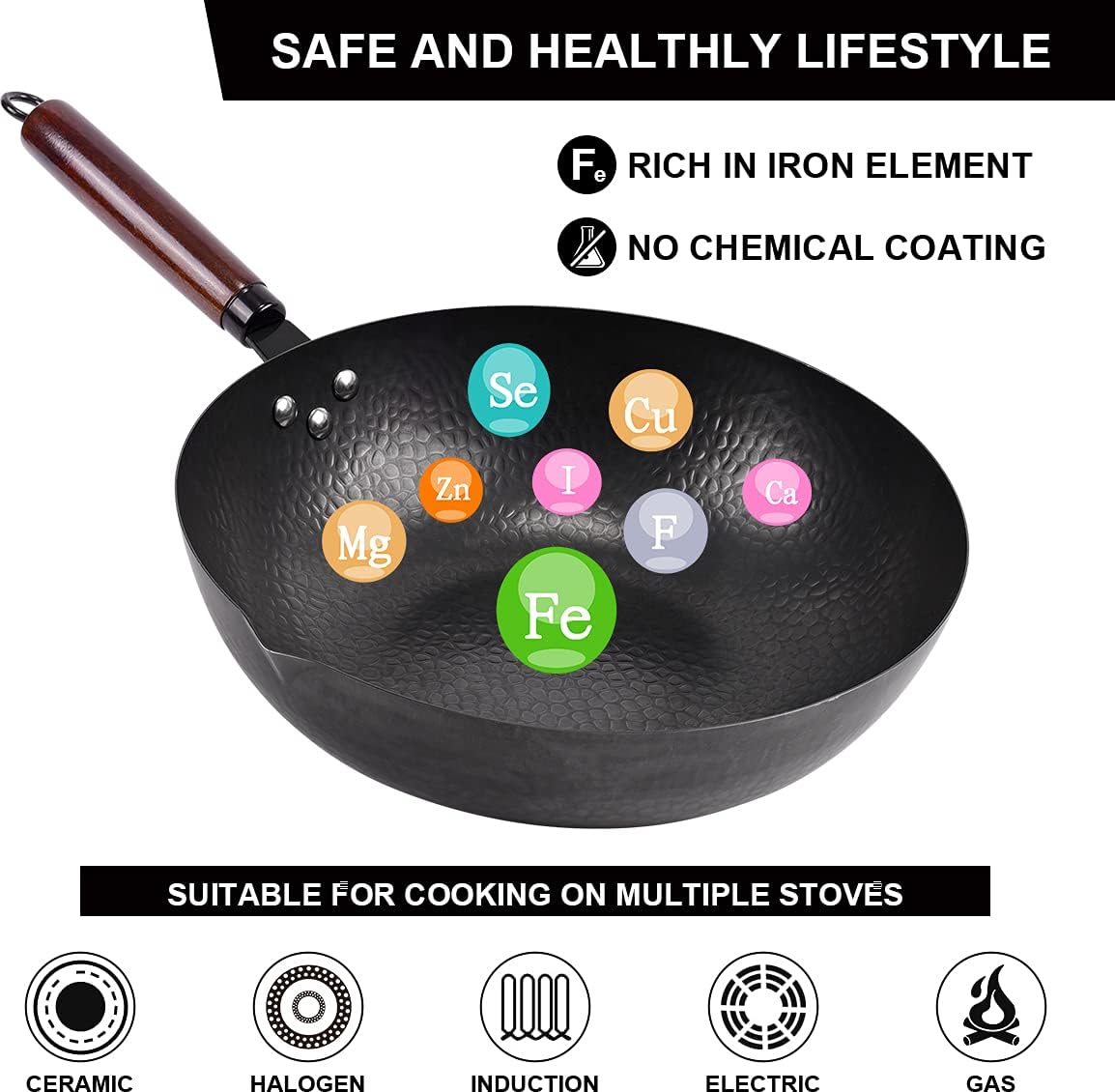 Leidawn 12.8" Carbon Steel Wok,11 Pcs Woks & Stir Fry Pans Wok Pan with Lid
