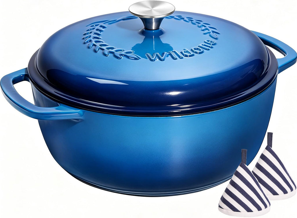 Enameled Cast Iron Dutch Oven - Wildone 6QT Pot with Lid & Cotton Potholders - Oven Safe Enamel Cookware for Bread Baking, Braising, Stews, Roasting, Red