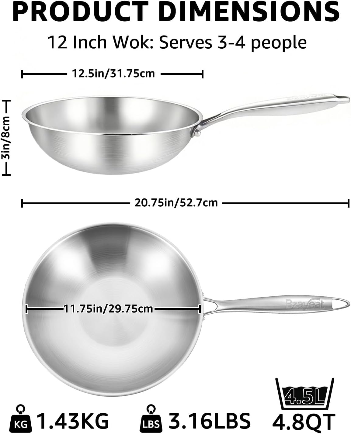 12 Inch Tri-Ply Stainless Steel Wok Pan, Uncoated Wok for Stir Fry