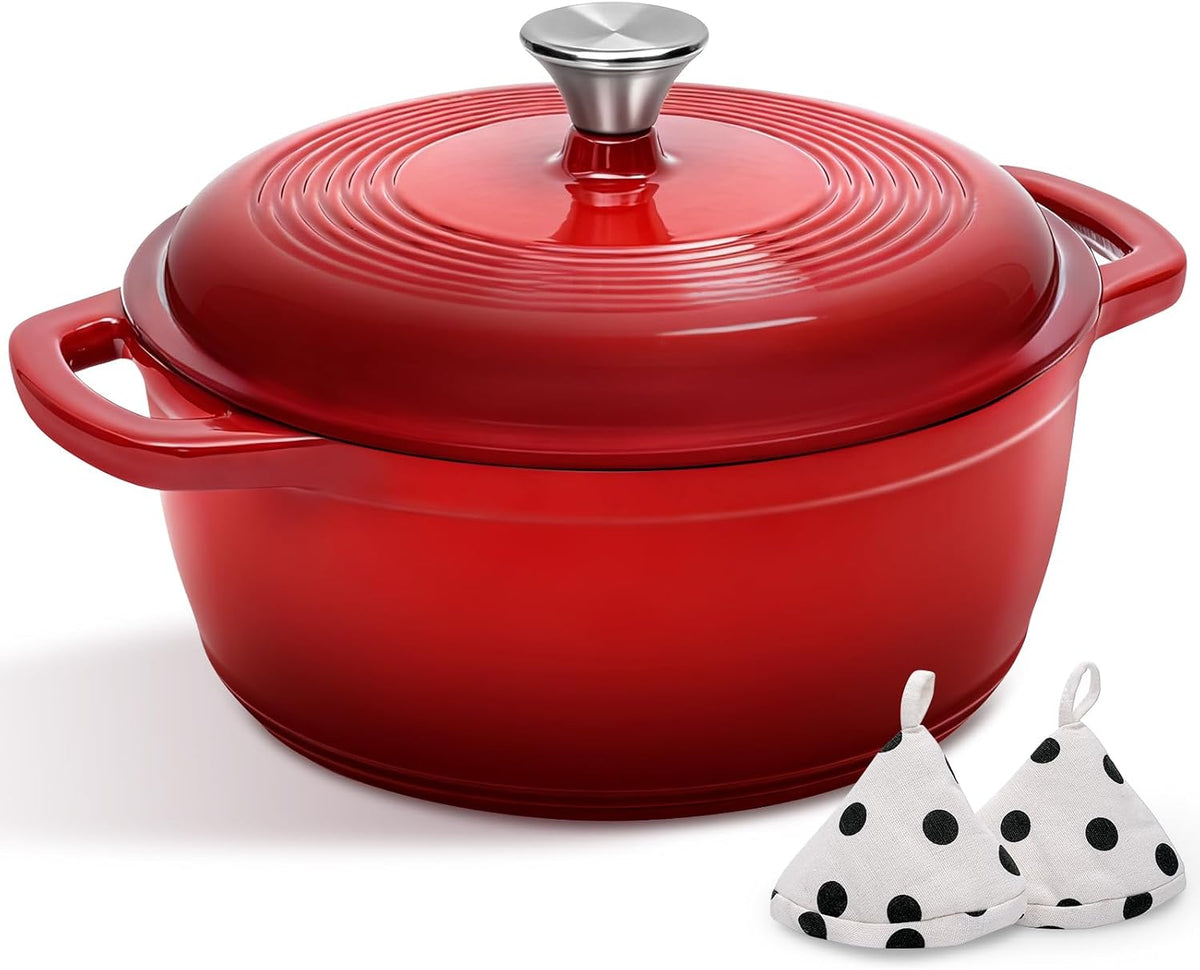 Enameled Cast Iron Dutch Oven Pot With Lid - AIVIKI 5QT Dutch Oven for Bread Baking With Cotton Potholders - Heavy-Duty Cookware for Braising, Stew, Roasting, Oven Safe up to 500°F, Cream White