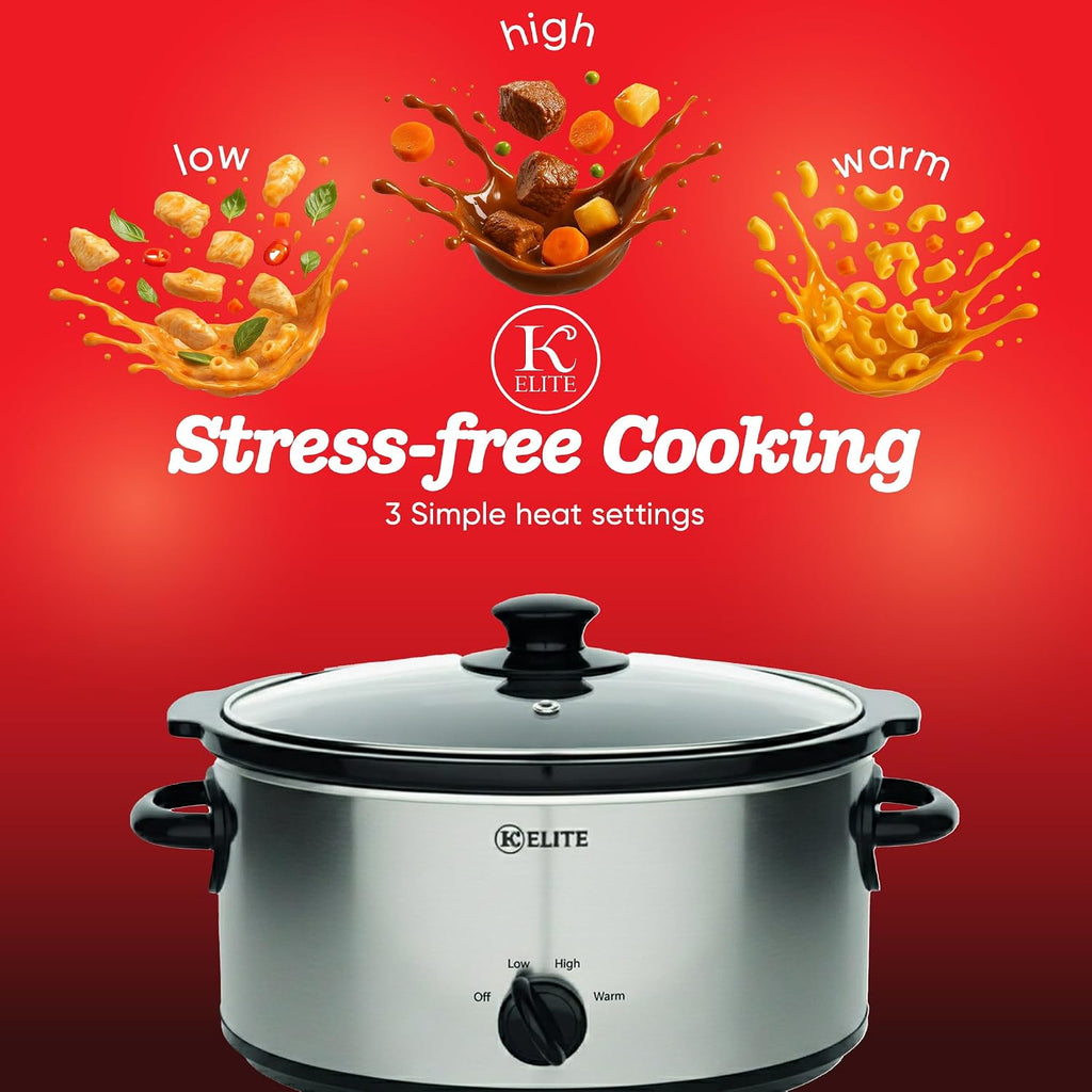 Kitchen Elite Slow Cooker, Stainless Steel with 3 Heat Settings, 5 Quart