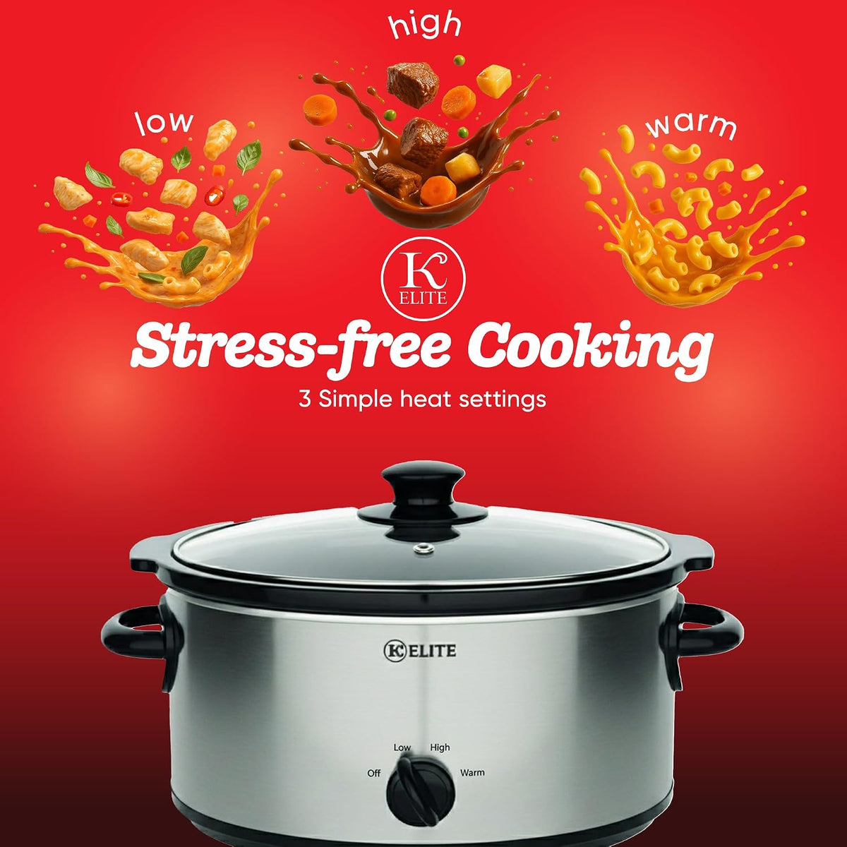 Kitchen Elite Slow Cooker, Stainless Steel with 3 Heat Settings, 5 Quart