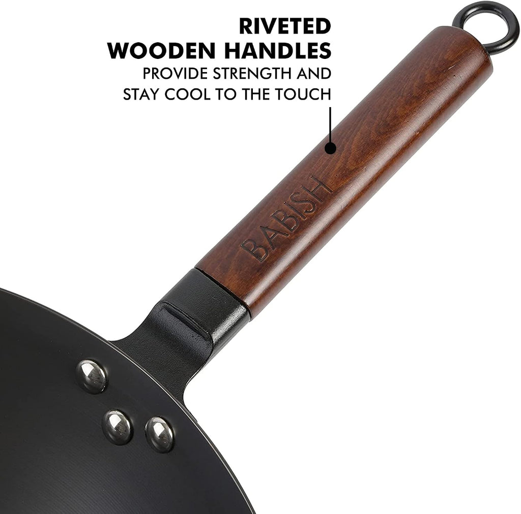 Babish 14 Inch Carbon Steel Wok Pan, Flat Bottom Stir Fry Pan, Induction