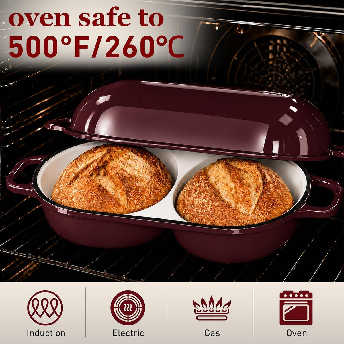 HUILIPU Mini Double Dutch Oven for Sourdough Bread Baking, 2.2QT - Burgundy