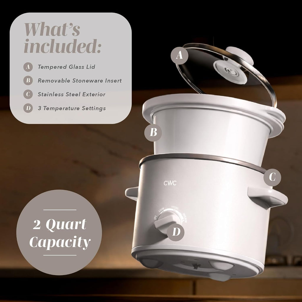 COOK WITH COLOR 2QT Mini Electric Round Slow Cooker - Adjustable Settings, Removable Stoneware Pot, Tempered Glass Lid, Dishwasher Safe, Cool-Touch Side Handles, Cream