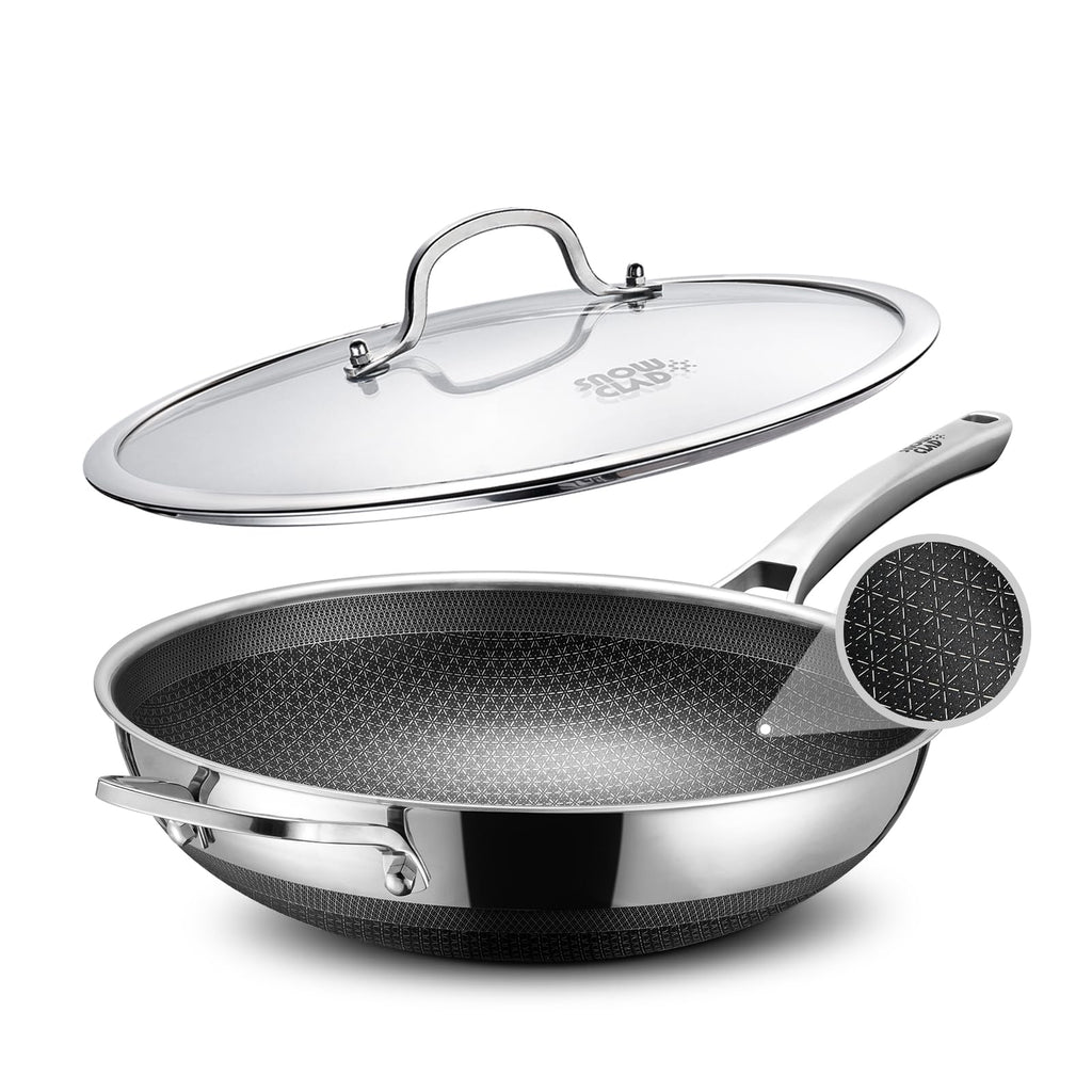 SNOWCLAD Wok, 13 Inch Hybrid Woks & Stir-fry Pans Nonstick with Double Handles, Non Toxic Stainless Steel Wok Pan with Lid, Dishwasher Induction Oven Broiler Safe