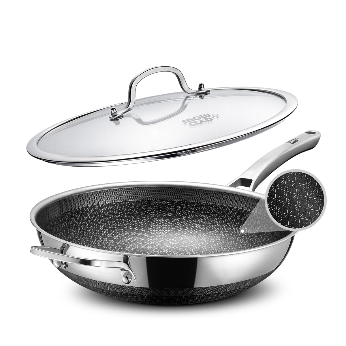 SNOWCLAD Wok, 13 Inch Hybrid Woks & Stir-fry Pans Nonstick with Double Handles, Non Toxic Stainless Steel Wok Pan with Lid, Dishwasher Induction Oven Broiler Safe