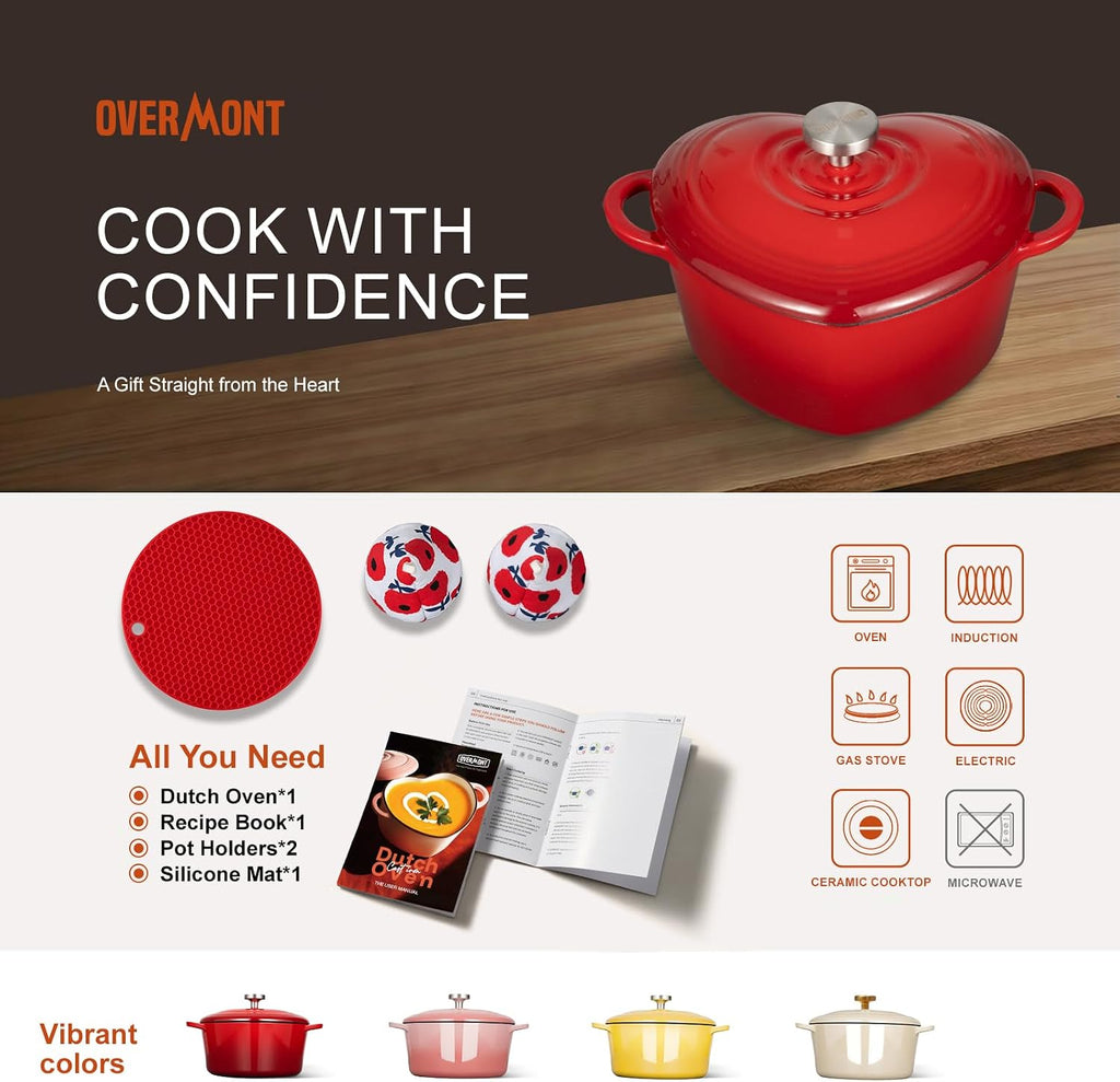 Overmont Enameled Cast Iron Dutch Oven - 2QT Heart-Shaped Mini Pot with Lid