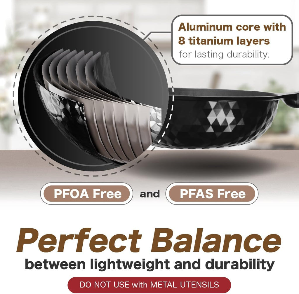 Diamond X Premium Non Stick Wok Pan with Lid - 11" Large Flat Bottom Chinese Wok - Woks & Stir-fry Pans Nonstick - Titanium-Coated 8-Layered Korean Engineered Skillet for Frying, Oil-Free, PFOA-Free