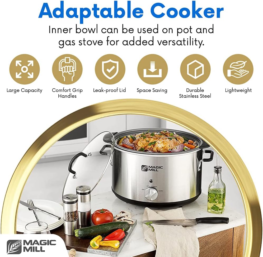 Magic Mill Extra Large 10 Quart Slow Cooker With Metal Searing Pot & Transparent Tempered Glass Lid