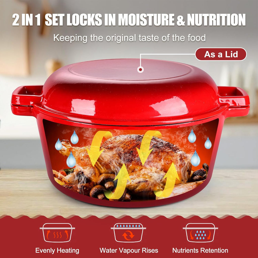 P&P CHEF 2 In 1 Red Dutch Oven Pot with Lid for Bread Baking, 5Qt