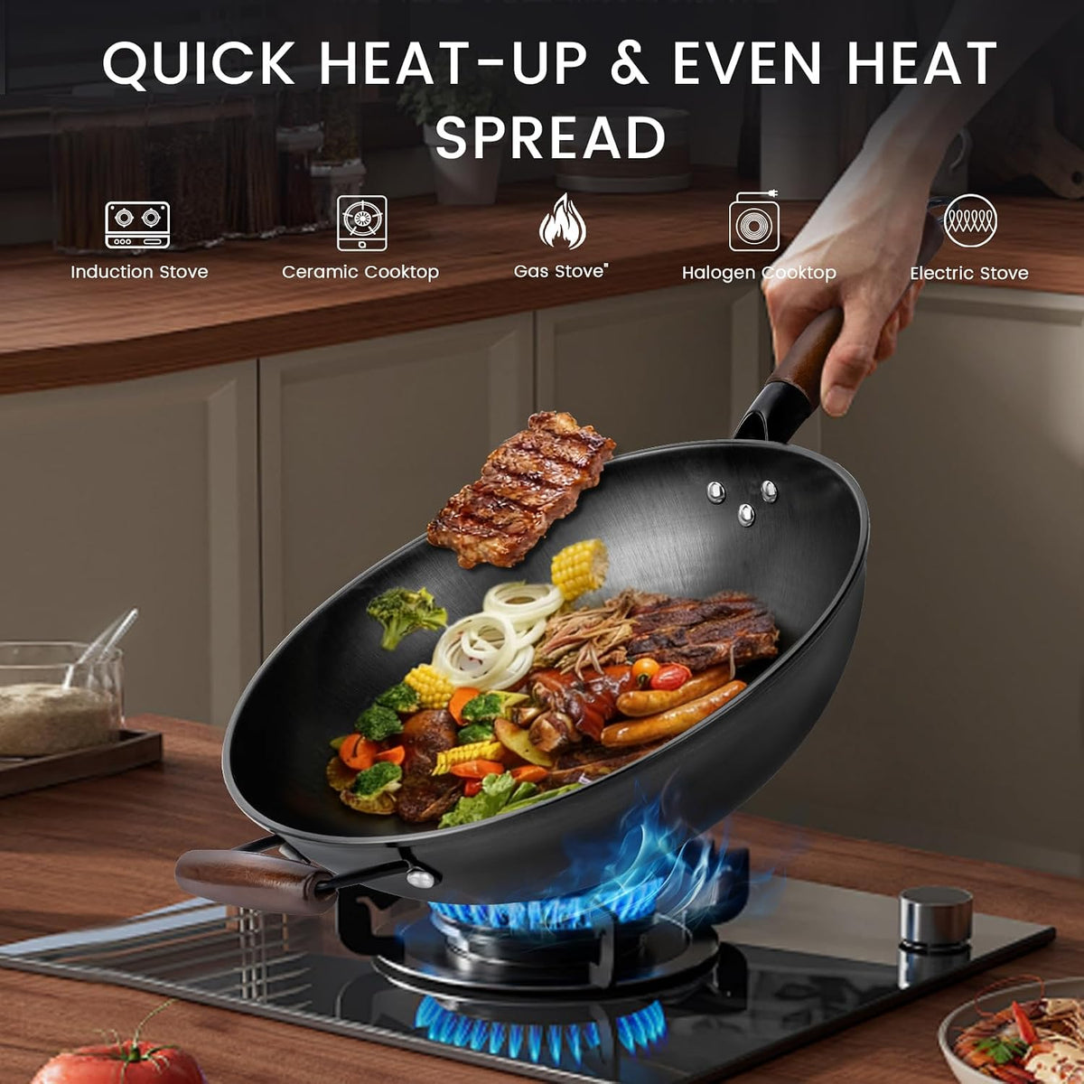 Carbon Steel Wok - 13" Woks & Stir-Fry Pans Nonstick, Wok with Lid, Fast Heat Conduction, Uniform Heat Conduction Flat Bottom Woks, Professional Chef Cookware