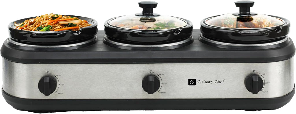 CULINARY CHEF, Triple Slow Cooker, Buffet Server 2.5qt x 3 Pot, Food Warmer – Stainless