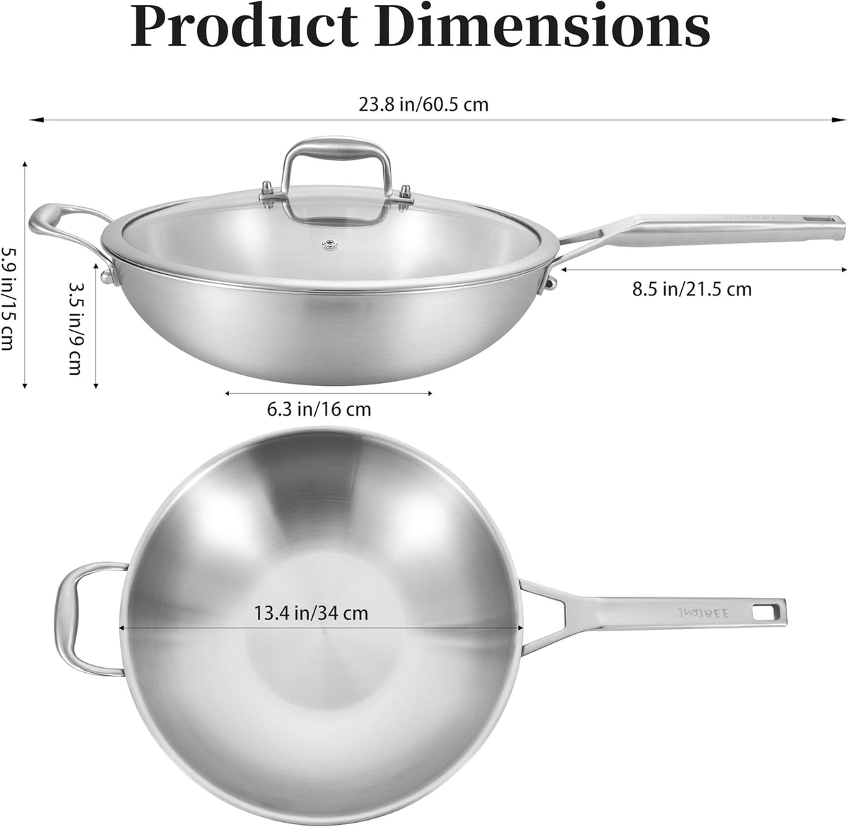 Inqibee 13 Inch Stainless Steel Wok with Lid, Detachable Handle