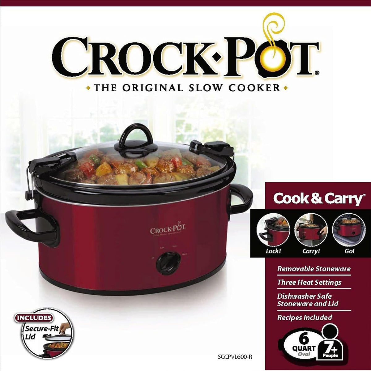 Crock-Pot Cook and Carry Manual Portable Slow Cooker, Red, 6 Quart Oval