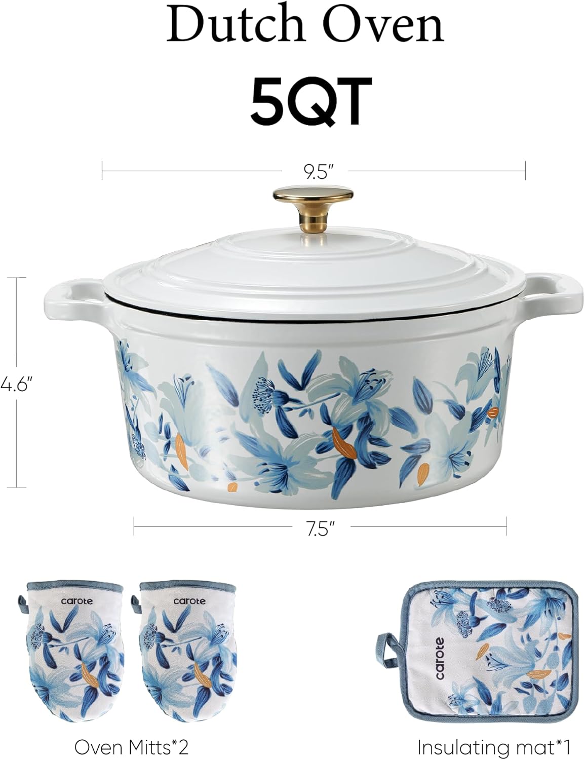 CAROTE 5QT Enameled Floral Cast Iron Dutch Oven Pot with Lid