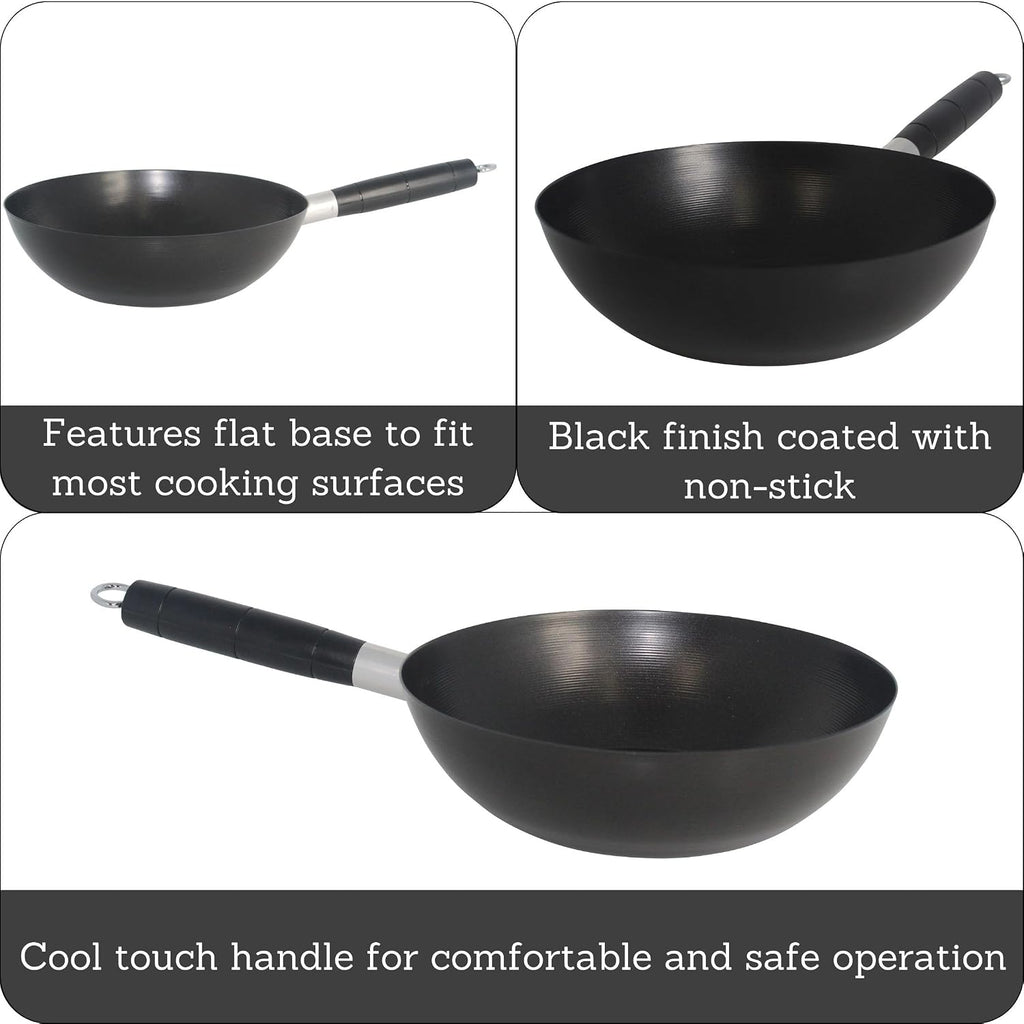 IMUSA 9.5 Inch Carbon Steel Nonstick Wok with Cool-touch Handle, Black