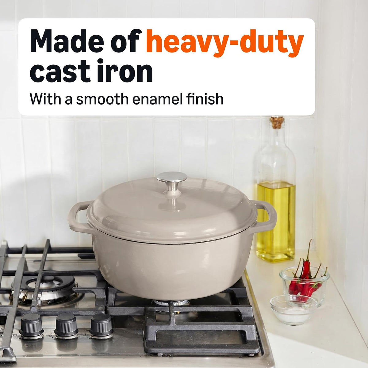Amazon Basics Enameled Cast Iron Dutch Oven Pot With Lid, 4.3-Quart, Round, Dual Handles, Heavy-Duty, Oven Safe for Stews, Roasting & Baking, Linen Gray