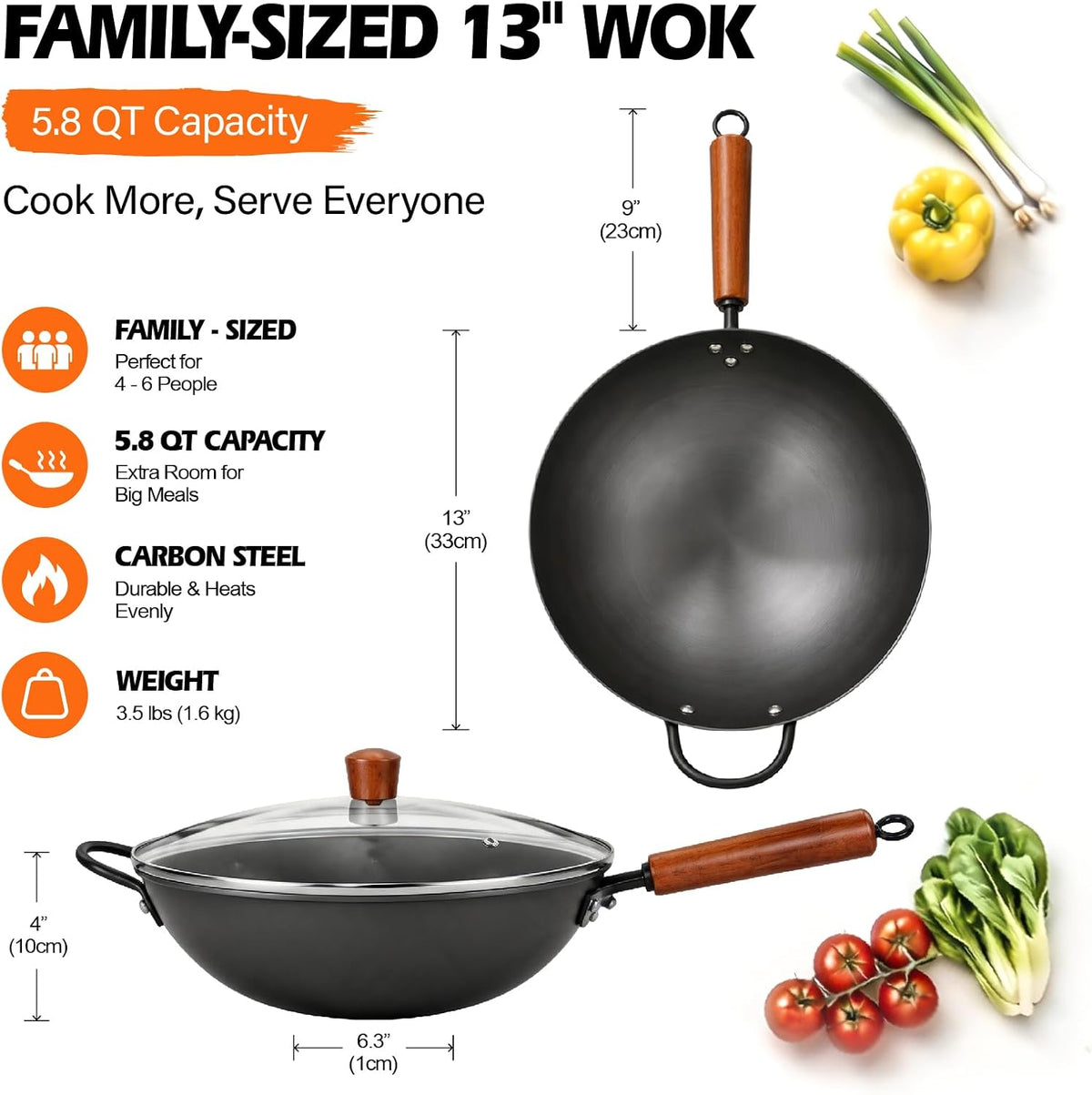 13" Carbon Steel Wok Pan & Glass Lid,Pre-Seasoned Flat Bottom Nitrided Wok