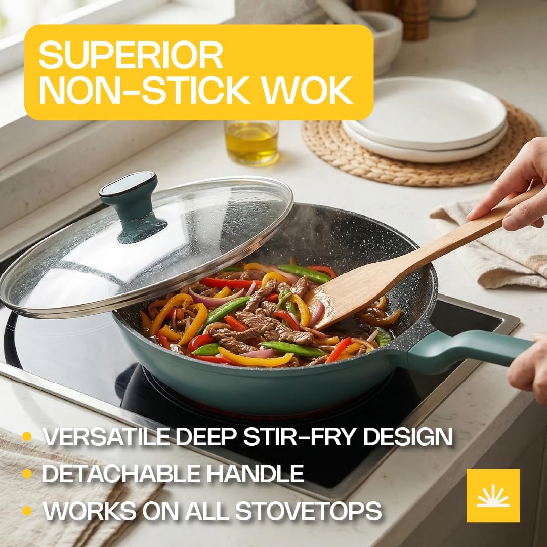 Ravelo Nonstick Wok Pan with Glass Lid, 11.8in Die Cast Stir Fry Pan