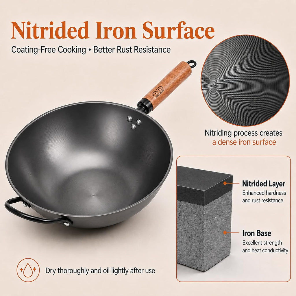 12.6 Inch Carbon Steel Wok with Lid, Flat Bottom Induction Wok Pan, Non-Coated Stir Fry Wok Skillet with Helper Handle, Gas Electric Ceramic Halogen Compatible, Includes Iron Wok Spatula