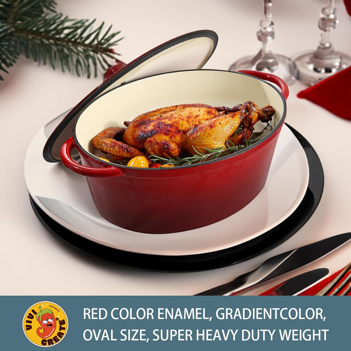 Vivicreate 9.6 QT enamel cast iron dutch oven, red gradient color,cast iron pot (9.6 QT)