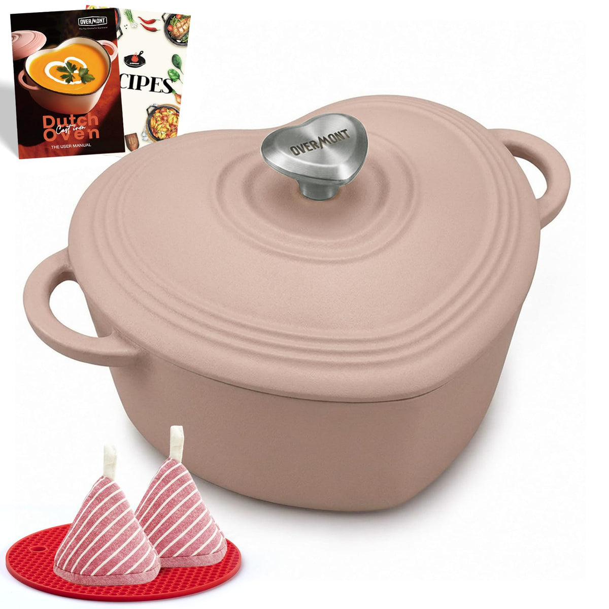Overmont Enameled Cast Iron Dutch Oven - 2QT Heart-Shaped Mini Pot with Lid