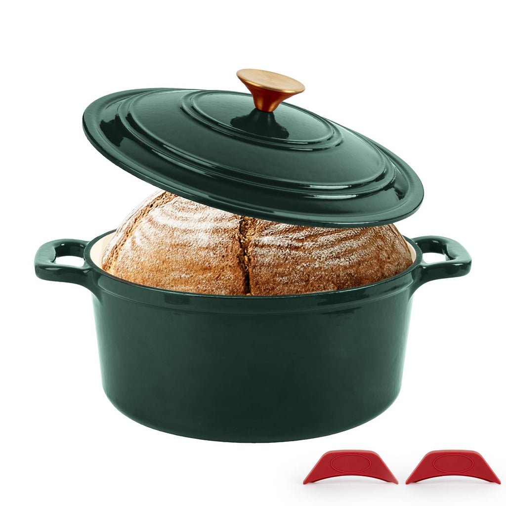 Enamel Cast Iron Dutch Oven with Lid, Round Casserole Pot for Bread Baking, Braising, Roasting, and Stews, Heavy-Duty, Oven Safe, Induction Compatible (4.7QT,Green)