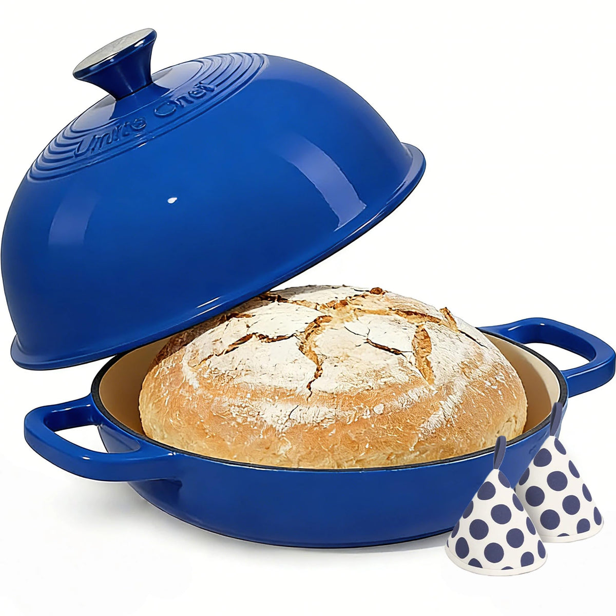 Cast Iron Dutch Oven Pot with Lid, Round Bread Oven for Sourdough Bread Baking, Umite Chef Enameled Cast Iron Bread Oven with Dome Lid & Cotton Potholders for Sourdough, Pink, 6 Quarts