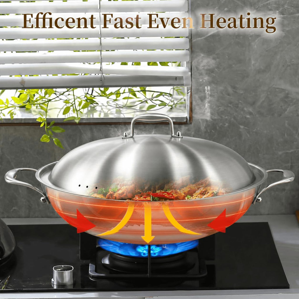 DELARLO Tri-Ply Stainless Steel Wok Pan with Steel Lid 16inch, Healthy Non-Toxic Flat Bottom Induction Wok, Stir Fry Pan for Glass Top Stove Up to 600℉