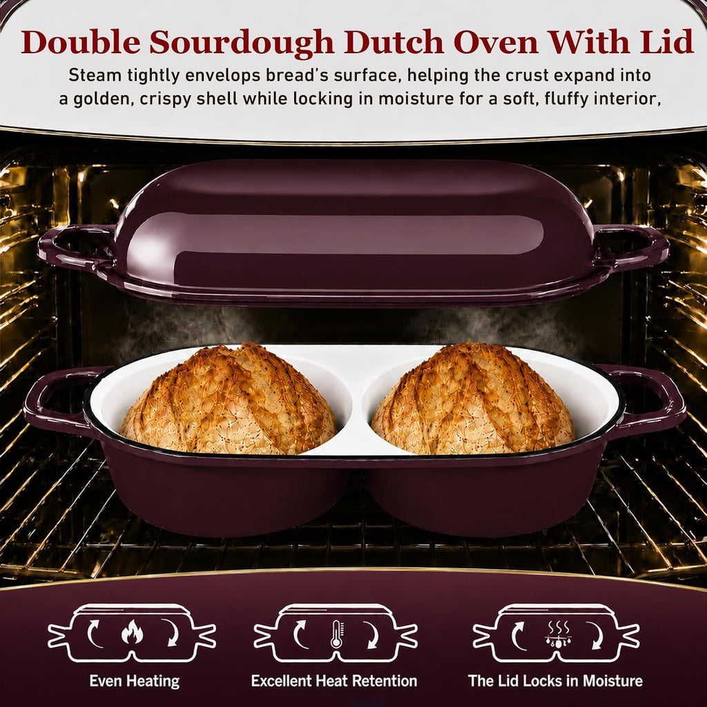 HUILIPU Mini Double Dutch Oven for Sourdough Bread Baking, 2.2QT - Burgundy