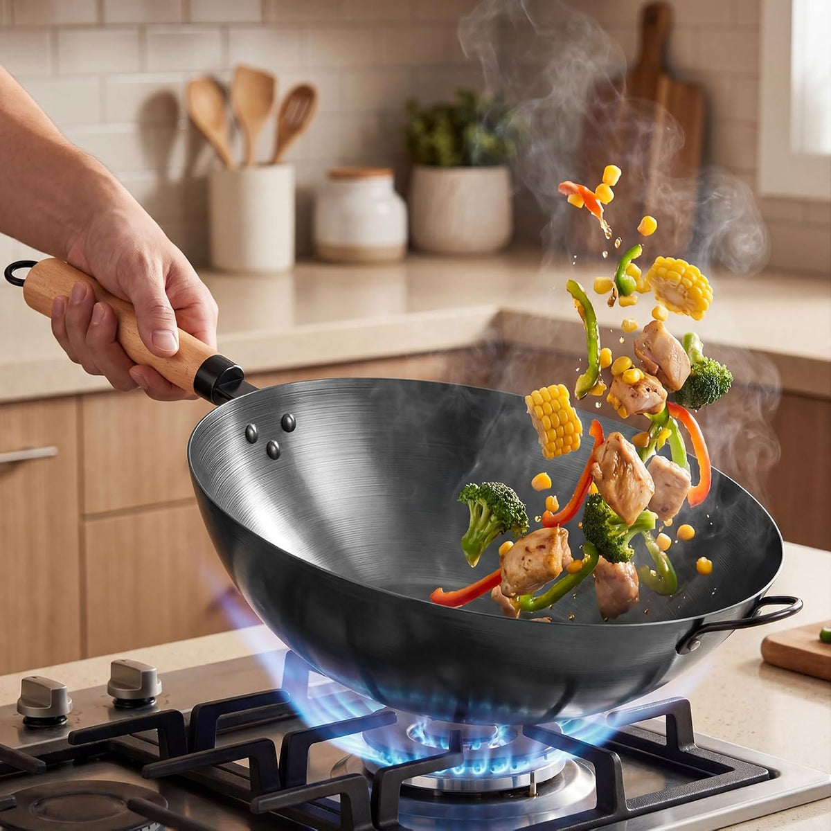 DUMOS 13.5" Pre-Seasoned Carbon Steel Wok Pan for Stir Fry, Black